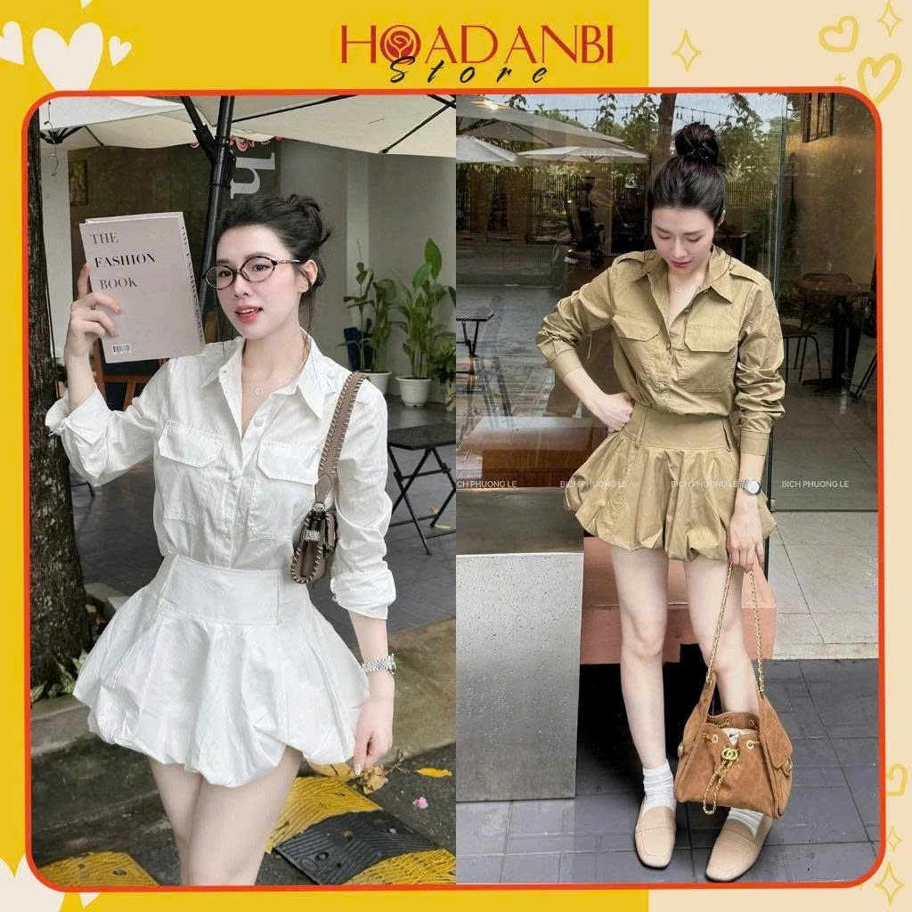 Set Áo Kaki Thô Dài Tay Mix Chân Váy Xòe Rộng Dáng Trẻ Trung, Set Bộ Đồ Nữ