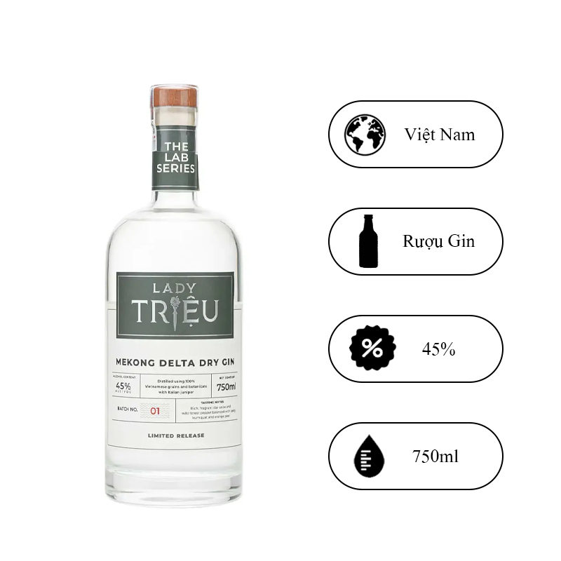 Rượu Lady Trieu - Mekong Delta Dry Gin 45% / Dòng Gin Thượng Hạng Từ Việt Nam