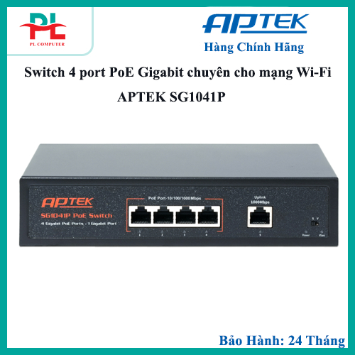 Switch 4 port PoE APTEK SG1041P chuyên cho mạng Wi-Fi tốc độ cao, camera PTZ - Chính Hãng