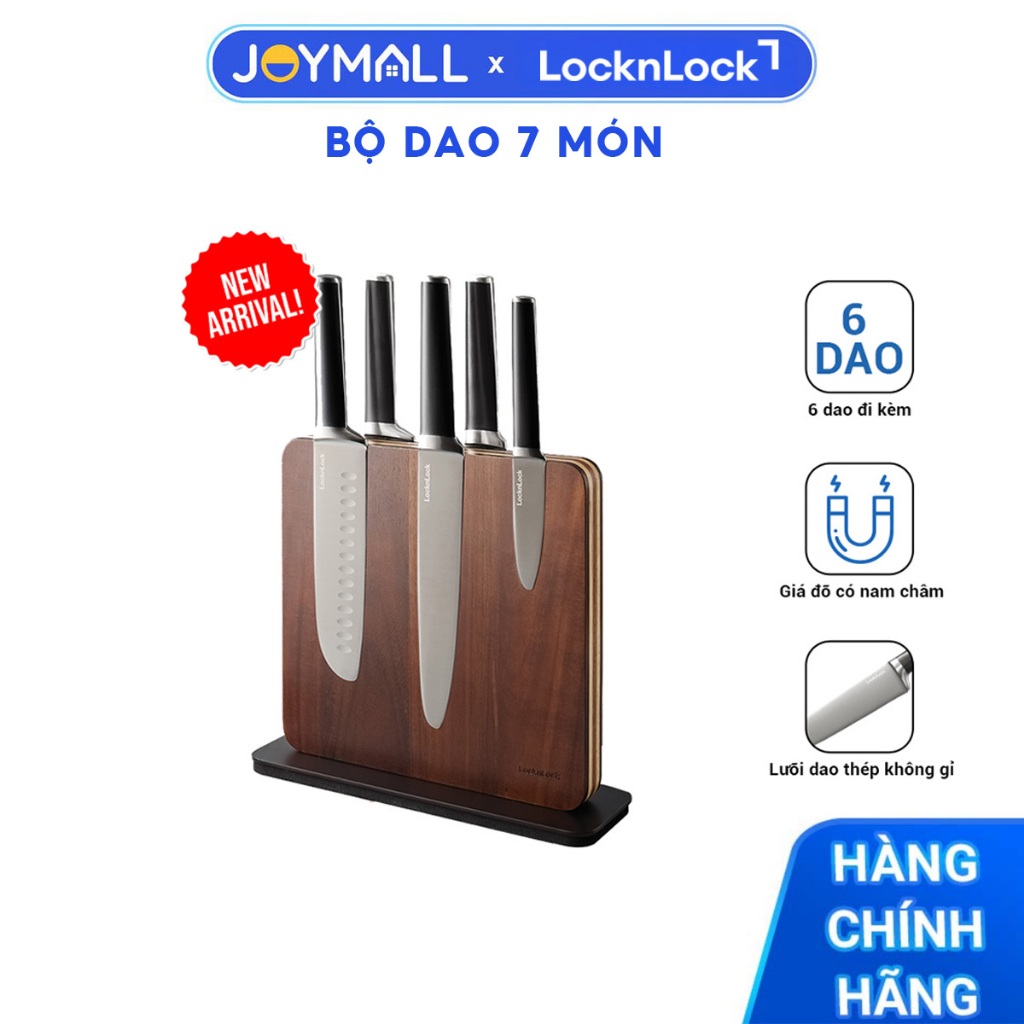 Bộ Dao 7 Món Cao Cấp Locknlock CKK804 - Hàng Chính Hãng, Khối Đỡ Nam Châm Gỗ, Thep Không Gỉ - Joymal