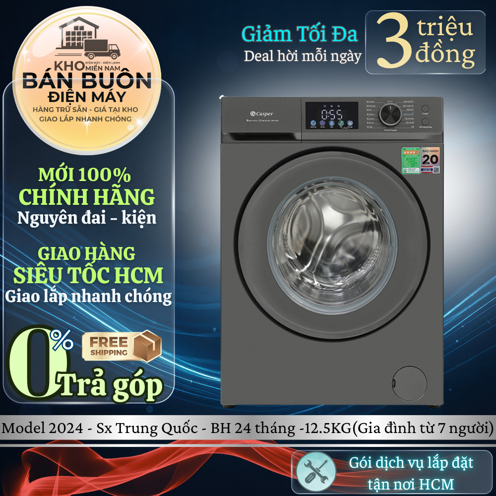 WF-D125VGR1 Máy giặt Casper – 12.5kg, Inverter, giặt hơi nước, AI Smart Wash WF-D125VGR1