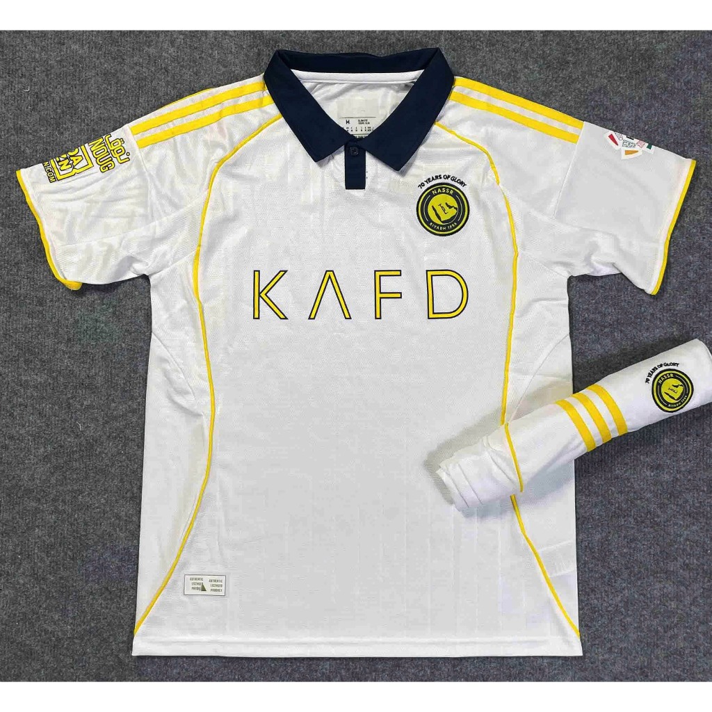 Bộ quần áo AL nassr trắng sân khách hàng Thailand 2025-2026 logo NTT thêu