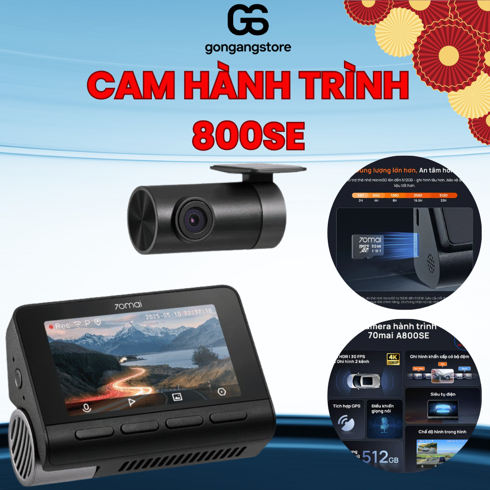 Camera Hành Trình ÔTô A800SE 70mai – Bộ Cam Trước Sau Ghi Hình Độ Phân Giải Cao, Hỗ Trợ Ghi Hình Ban