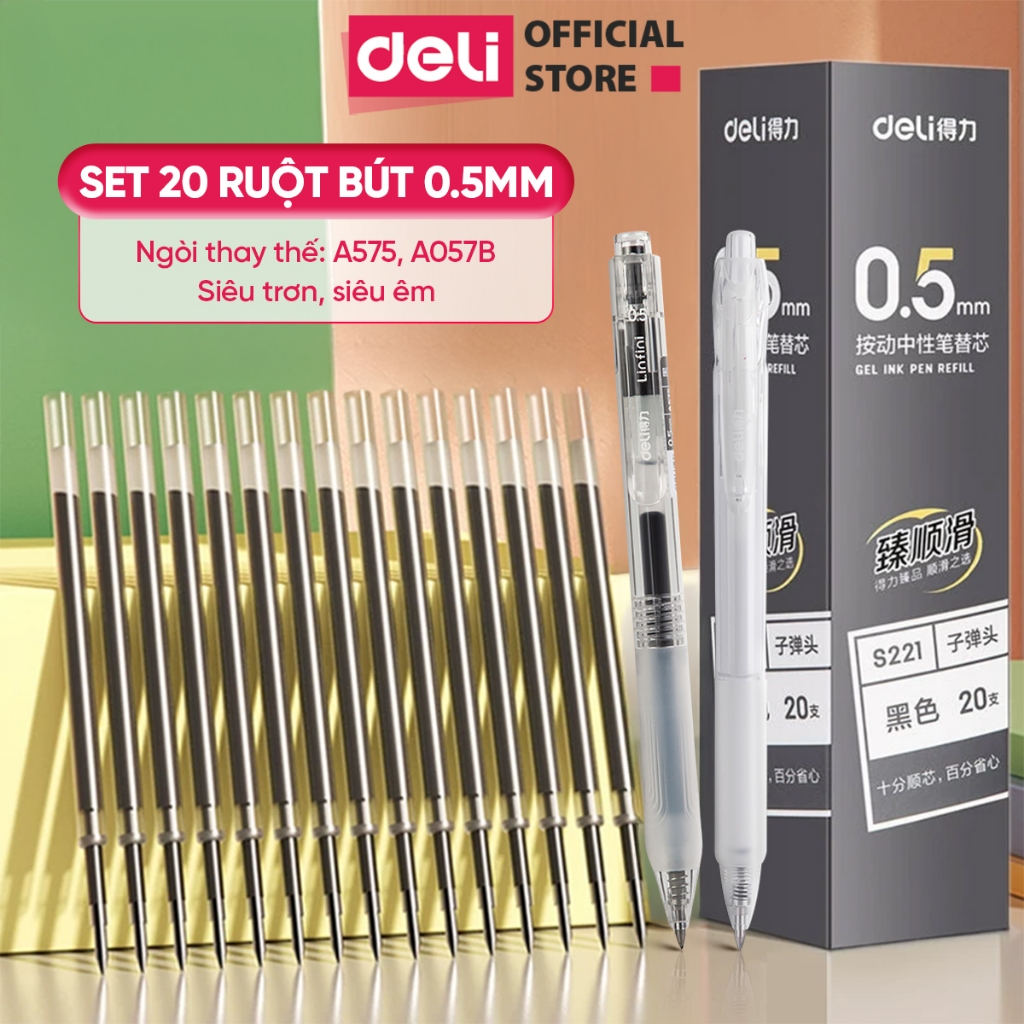 Combo 10/20 Ruột Bút Gel S221 Ngòi Gốc Thay Thế A575 Deli 0.5mm Dùng Cho Bút Bi Bước A057B A623 S101