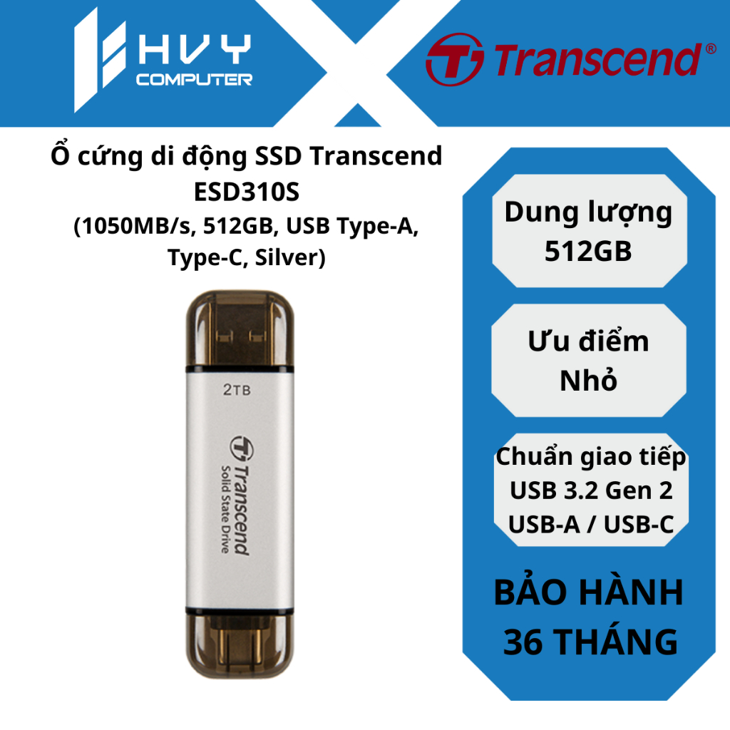 Ổ cứng di động SSD Transcend ESD310S (1050MB/s, 512GB, USB Type-A, Type-C, Silver) - Hàng chính hãng