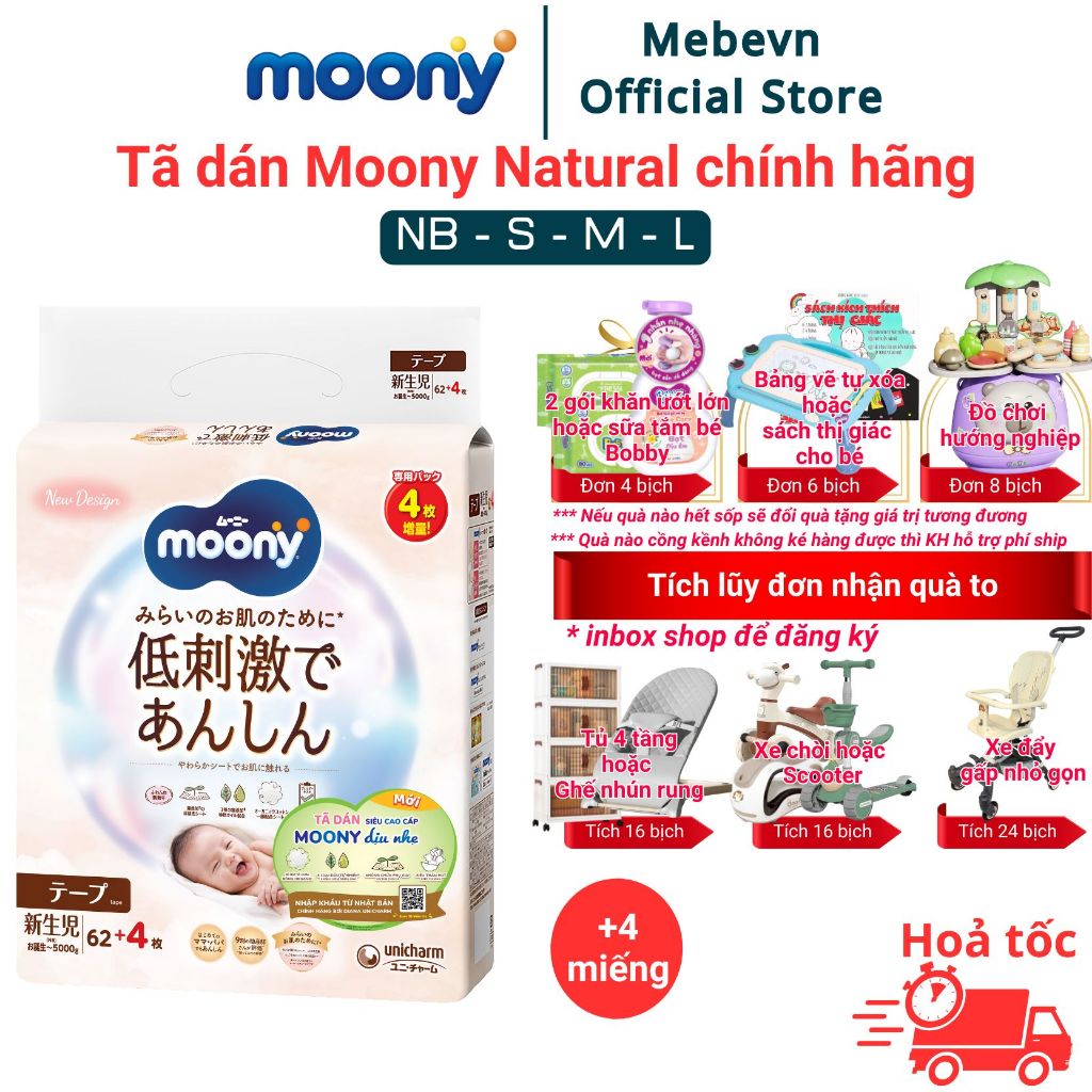 Bỉm moony trắng, bỉm moony natural chính hãng, tã dán moony đủ size NB62/S58/M46