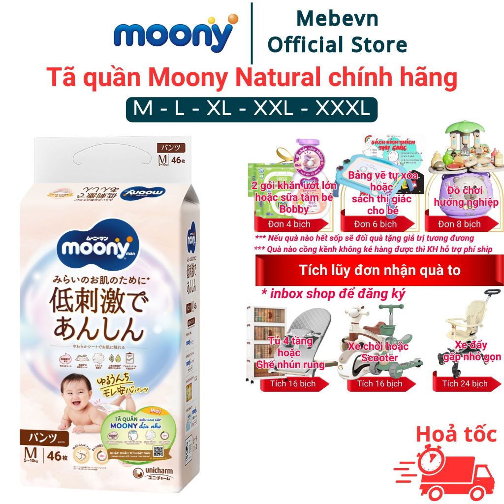Bỉm moony trắng, bỉm moony natural chính hãng, tã quần moony đủ size M46/L36/XL32