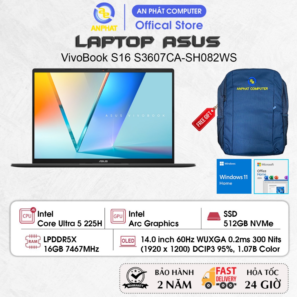 Laptop ASUS VivoBook S16 S3607CA-SH082WS, Core Ultra 5 225H, 16GB RAM, 512GB SSD, 16.0 FHD+ OLED, Win11, Office2024