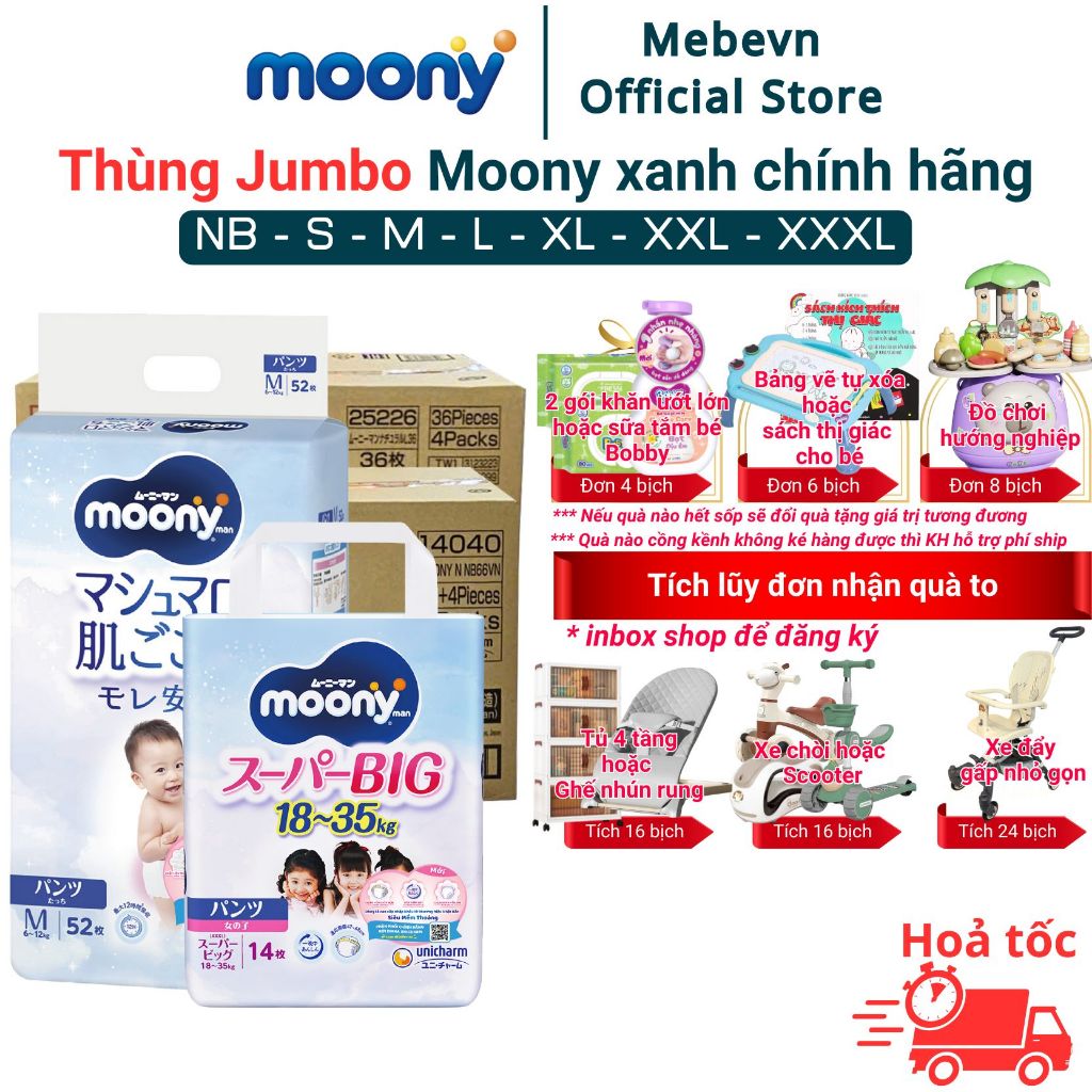 Thùng Jumbo bỉm Moony Xanh, bỉm moony chính hãng Dán/Quần khô thoáng cả ngày, không lo hăm bí