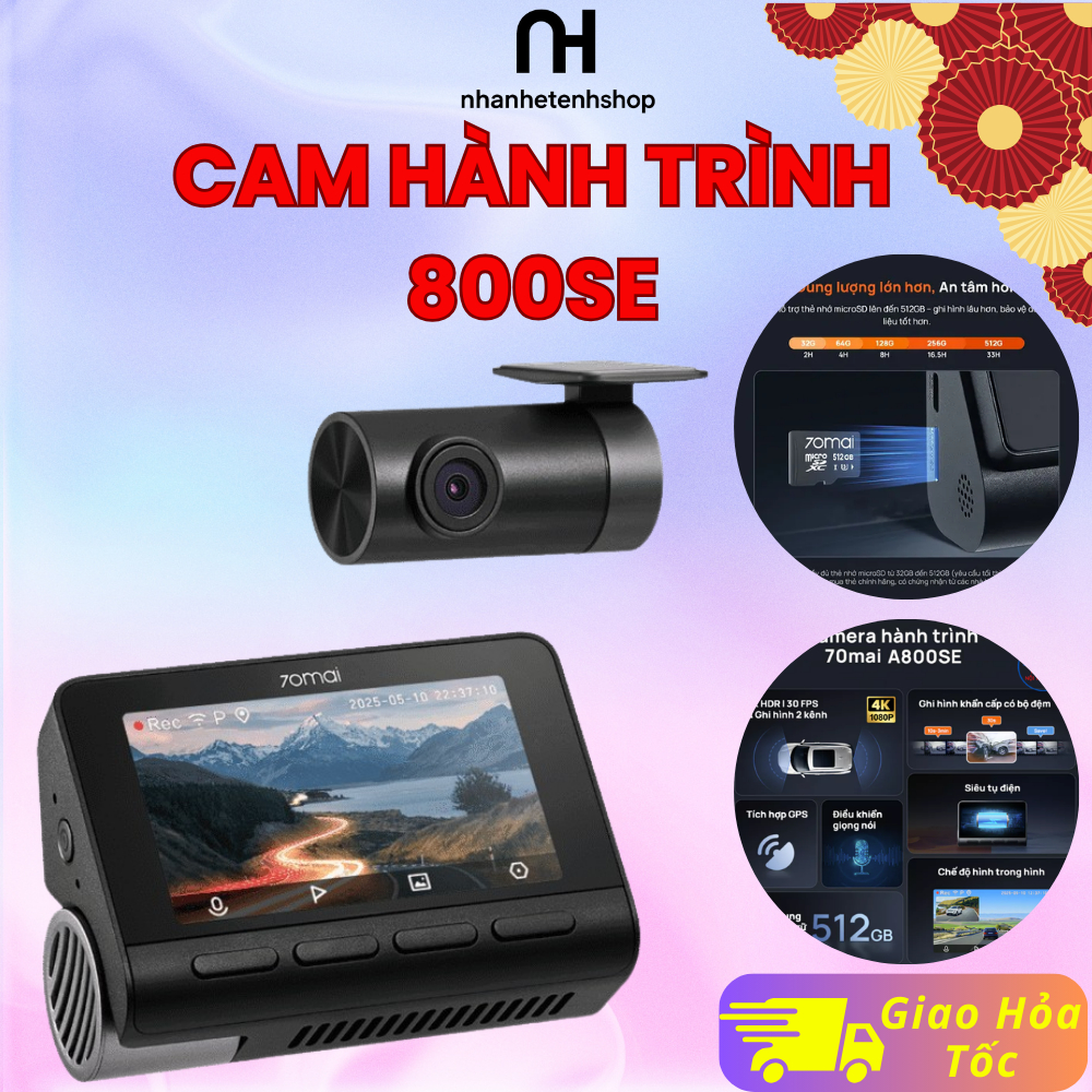 Camera Hành Trình Ô Tô A800SE 70mai – Bộ Cam Trước Sau Ghi Hình Độ Phân Giải Cao, Hỗ Trợ Ghi Hình Ba