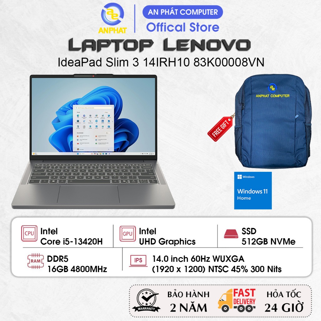 Laptop Lenovo IdeaPad Slim 3 14IRH10 83K00008VN, Core i5-13420H, 16GB RAM, 512GB SSD, 14.0 FHD+, Win