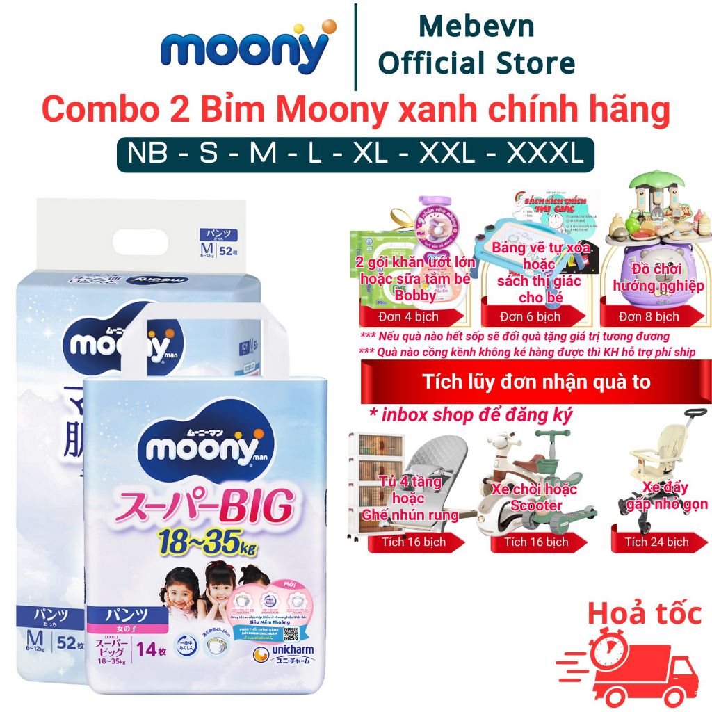 Combo 2 bỉm Moony Xanh, bỉm moony chính hãng Dán/Quần khô thoáng cả ngày, không lo hăm bí