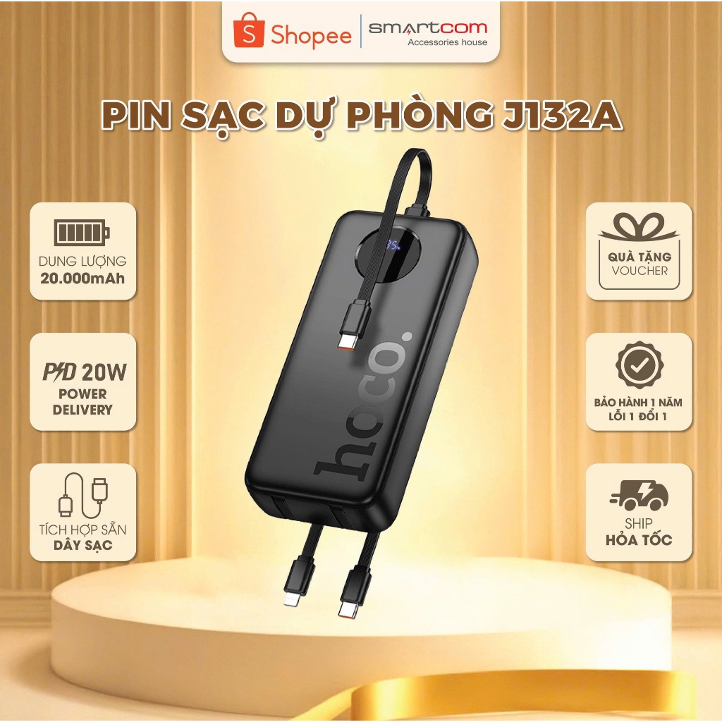 Pin dự phòng Hoco J132 dung lượng pin lớn - sạc nhanh an toàn - tích hợp dây sạc đa năng