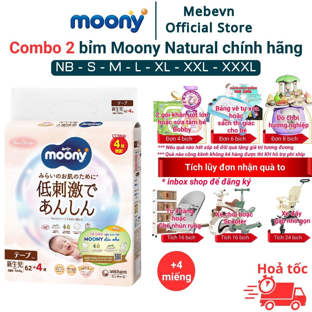 Combo 2 bỉm moony trắng, bỉm moony natural chính hãng Dán/Quần đủ size NB62/S58/M46/L36/XL32