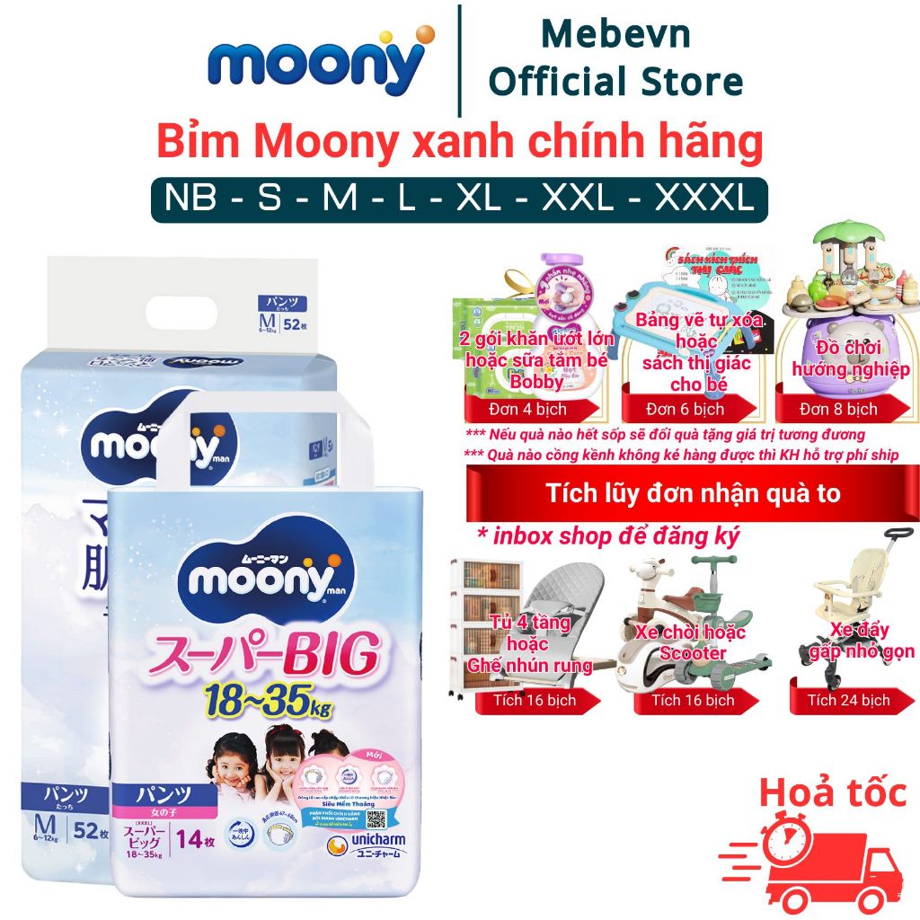 Bỉm Moony Xanh, bỉm moony chính hãng Dán/Quần khô thoáng cả ngày, không lo hăm bí