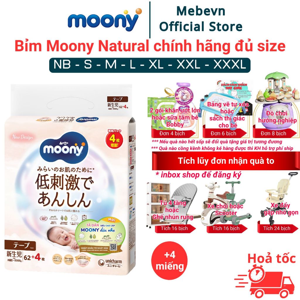Bỉm moony trắng, bỉm moony natural chính hãng Dán/Quần đủ size NB62/S58/M46/L36/XL32