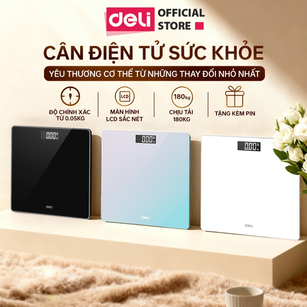 Cân Điện Tử Sức Khỏe Deli Chính Hãng Chịu Tải 180Kg Màn LCD Rõ Nét Đo Chính Xác