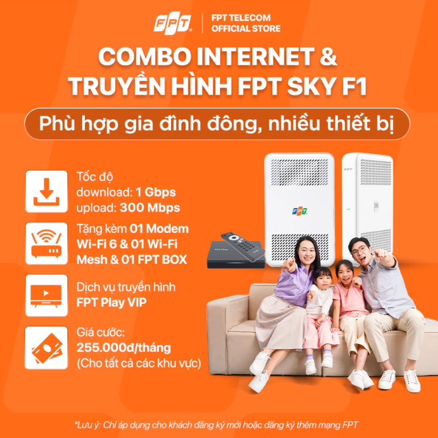 Combo FPT Internet Truyền Hình SKY F1 |Trang bị 01 Modem Wi-Fi 6 & 01 Access Point & 01 FPT PLAY BOX