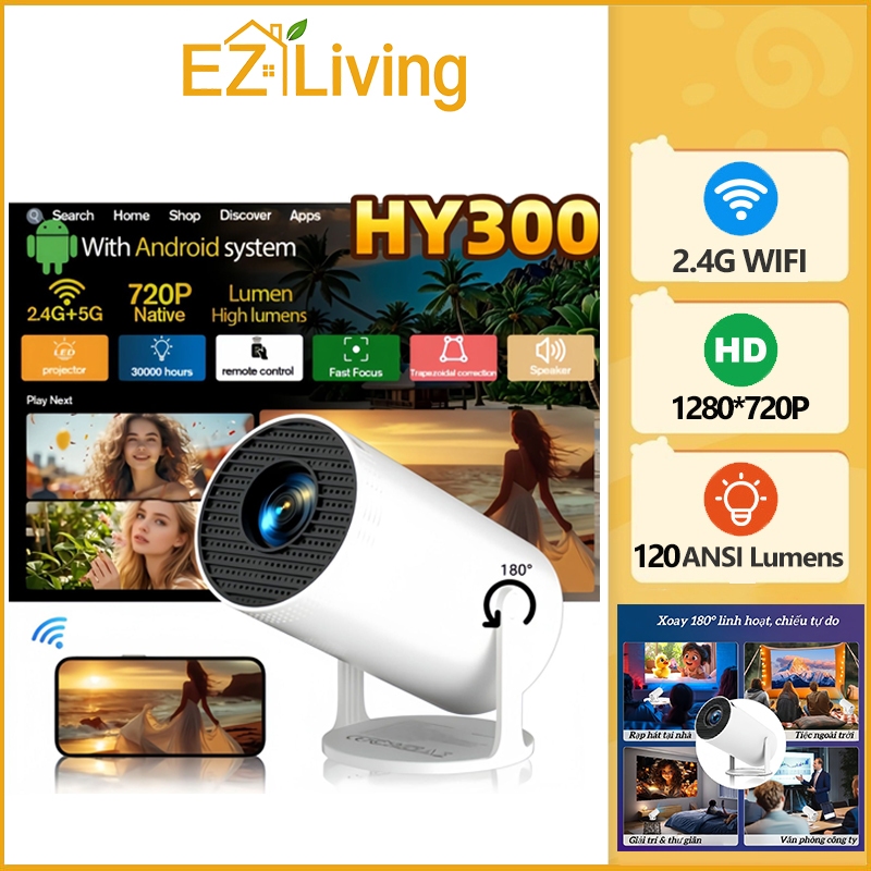Máy chiếu mini 4K HY300/HY300 Pro Full HD WiFi6 Bluetooth5.0 Android11.0 xem phim Netflix YouTube
