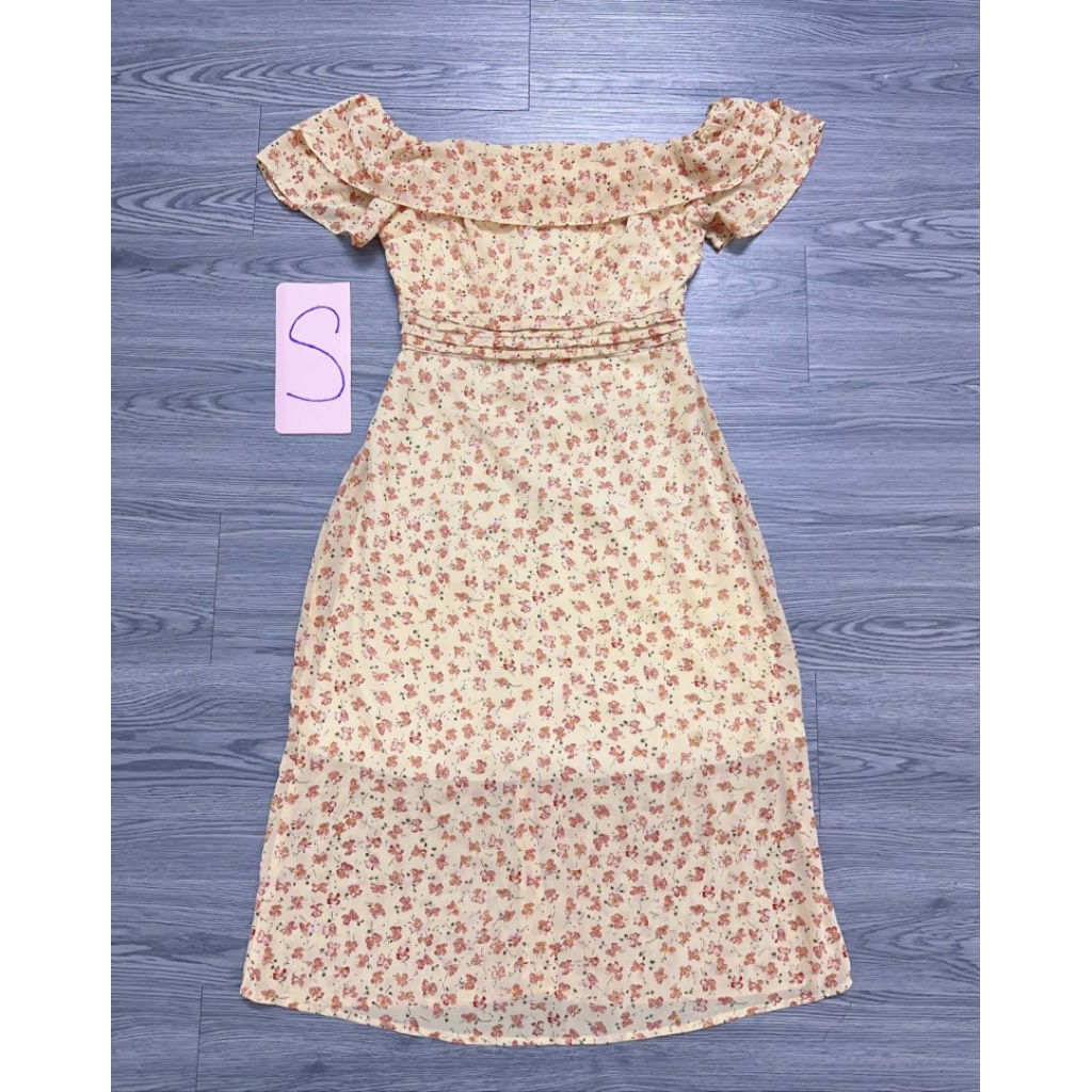 (Tlý)Đầm hoa Tết dáng dài trễ vai bèo tiểu thư shop FM Style VN Size S (eo<64) xinh hotgirl có lót đ