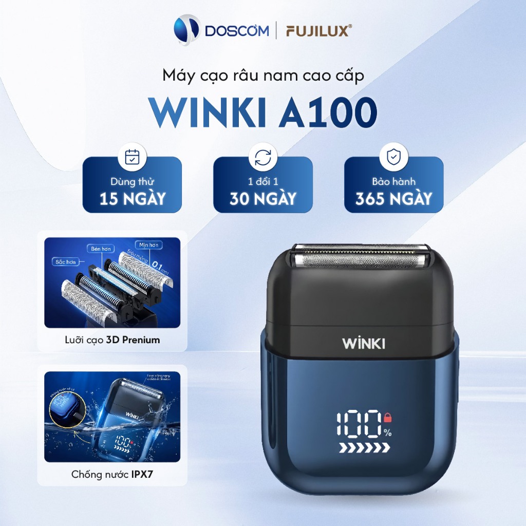 Máy Cạo Râu 3 Lưỡi 3D WINKI A100 – Cạo Sát Không Đau, Chống Nước IPX7, Sạc Type-C, Pin 2 Tháng