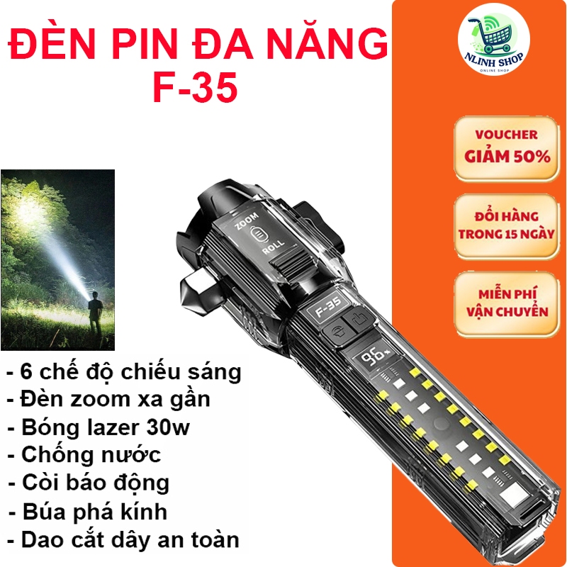 Đèn pin F35 led lazer zoom toả siêu sáng, còi báo động, cắt dây an toàn, phá kính, sạc cho điện thoại, 6 chế độ sáng