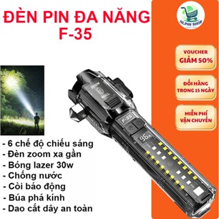 Đèn pin F35 led lazer zoom toả siêu sáng, còi báo động, cắt dây an toàn, phá kính, sạc cho điện thoại, 6 chế độ sáng