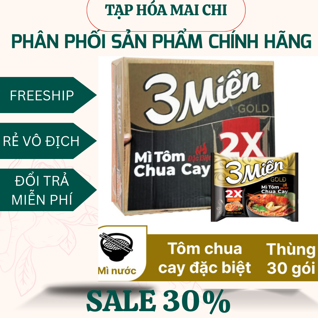Thùng 30 gói mì 3 Miền Gold tôm chua cay đặc biệt 75g