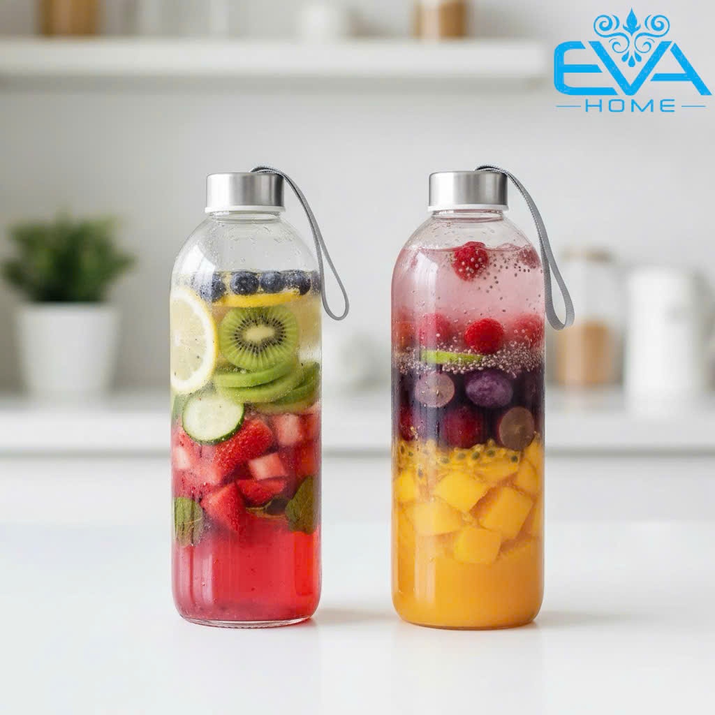 Set 2 Bình Thủy Tinh 1000ml DX1000 Dáng Trụ Trong Suốt Đựng Nước Detox Có Dây Xách Cầm Tay