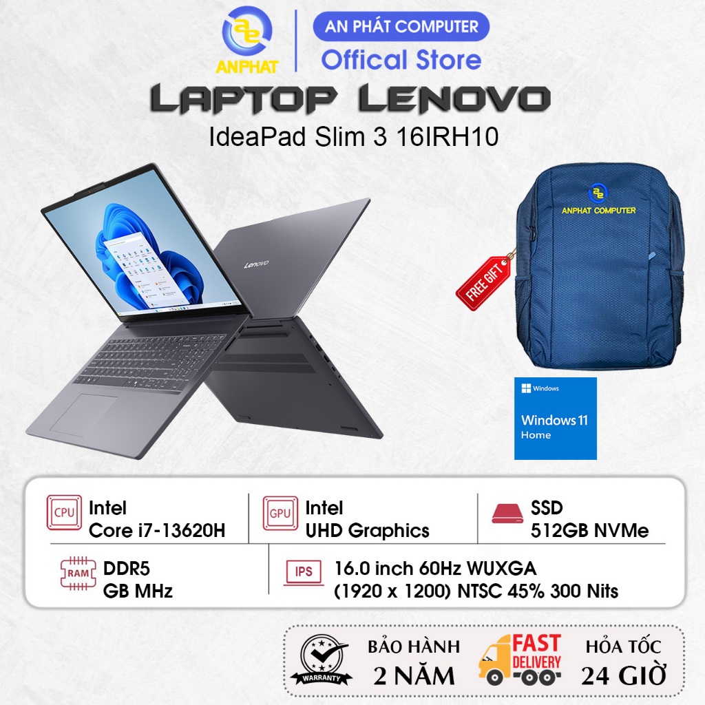 Laptop Lenovo IdeaPad Slim 3 16IRH10 83K20001VN, Core i7-13620H, 16GB RAM, 512GB SSD, 16.0 FHD+, Win