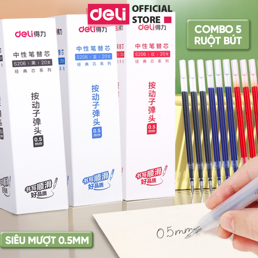 Combo 5 Ruột Bút Gel Deli 0.5mm Cho Bút Gel Bấm A057B A575 A623 S101 - Ngòi Chóp Viết Êm Trơn Tru