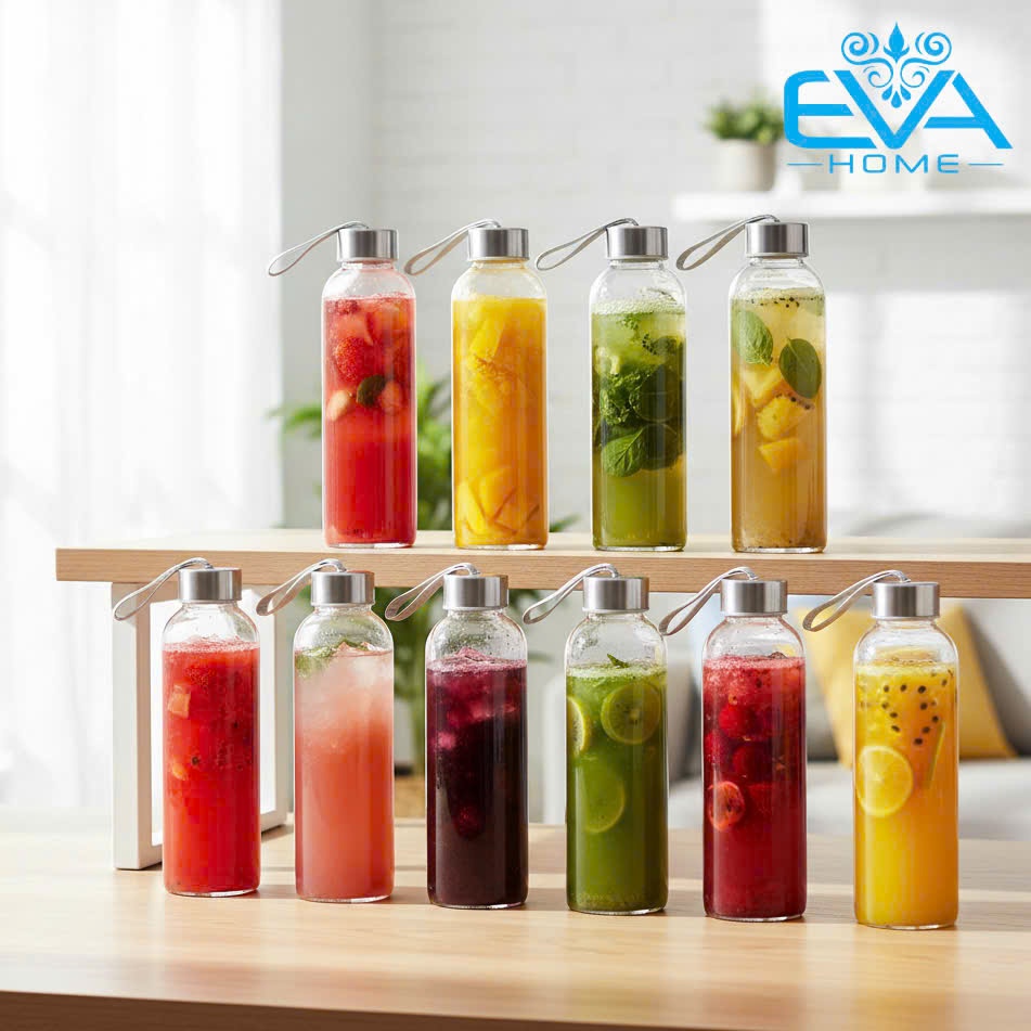 Combo 10 Bình Đựng Nước Detox Thủy Tinh DX500 500ml Chịu Nhiệt - Bộ Bình Nước Ép Có Dây Xách Cao Cấp