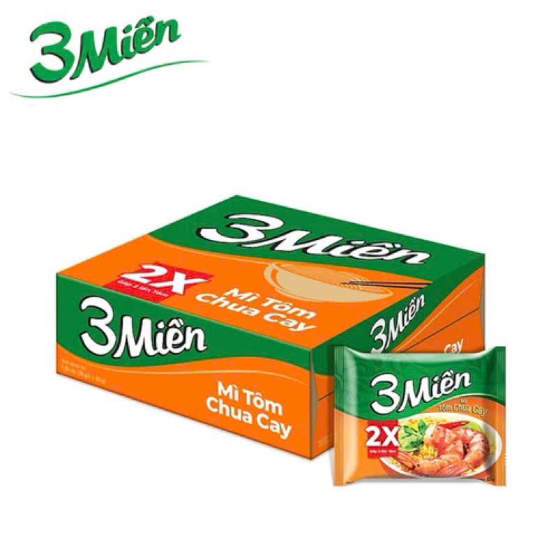 Thùng 30 Gói Mì 3 Miền Tôm Chua Cay 2X 65g - UN1T