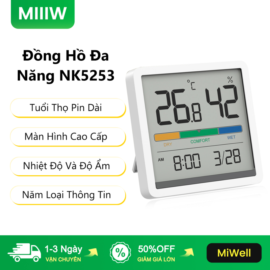 MIIIW Đồng Hồ Đa Năng Nhiệt Độ - Độ Ẩm NK5253, Màn Hình Lớn, Hiện Thị 5 Loại Thông Tin, Nhiều Cách Đ