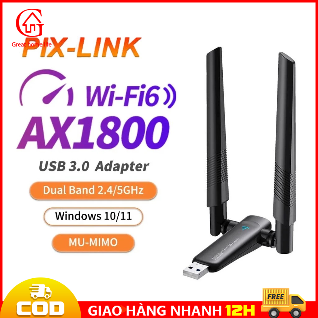 【🔥COD/12H】Thiết bị Thu Wifi Mini USB 5GHz AX1800 1800M Dual Band Cho PC WIN 10 11 - PIX-LINK 5GHzv A