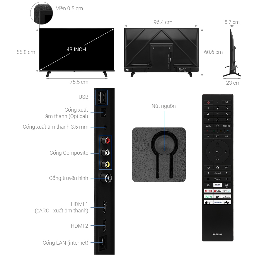 Smart Tivi Toshiba FHD 43 inch 43V31MP (hàng xả kho giá rẻ, bảo hành chính hãng)