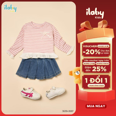 Mix set bé gái ILABY áo dài tay và quần váy jean thiết kế áo kẻ lưới phối tơ thêu nơ, quần váy xếp ly [3639 + 3697]