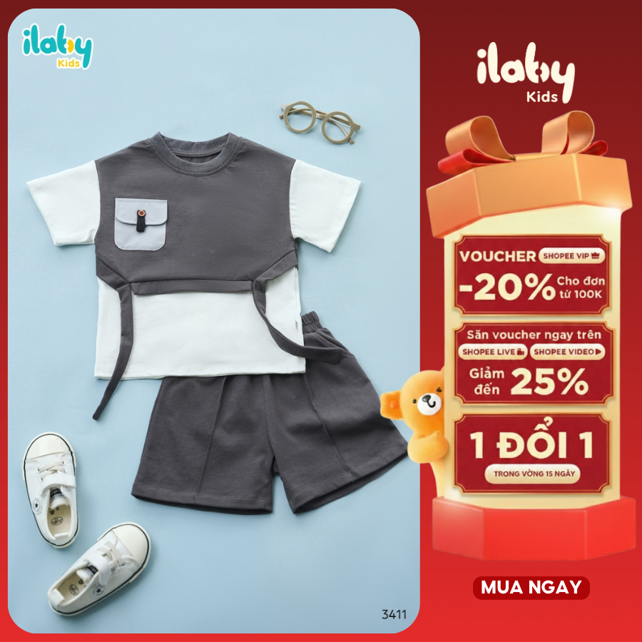 Set bộ bé trai ILABY đồ bộ bé trai thiết kế phối tay và thân chất liệu thun cotton thoáng mát [3411]