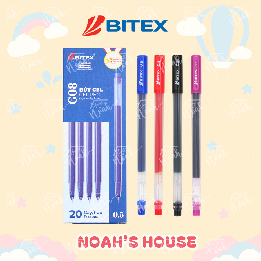 [NOAH'S HOUSE] Hộp Bút Viết Bi Mực Gel BITEX G08 Ngòi 0.5mm Mực Xanh/Đỏ/Đen/Tím - Nét Êm, Mực Đều