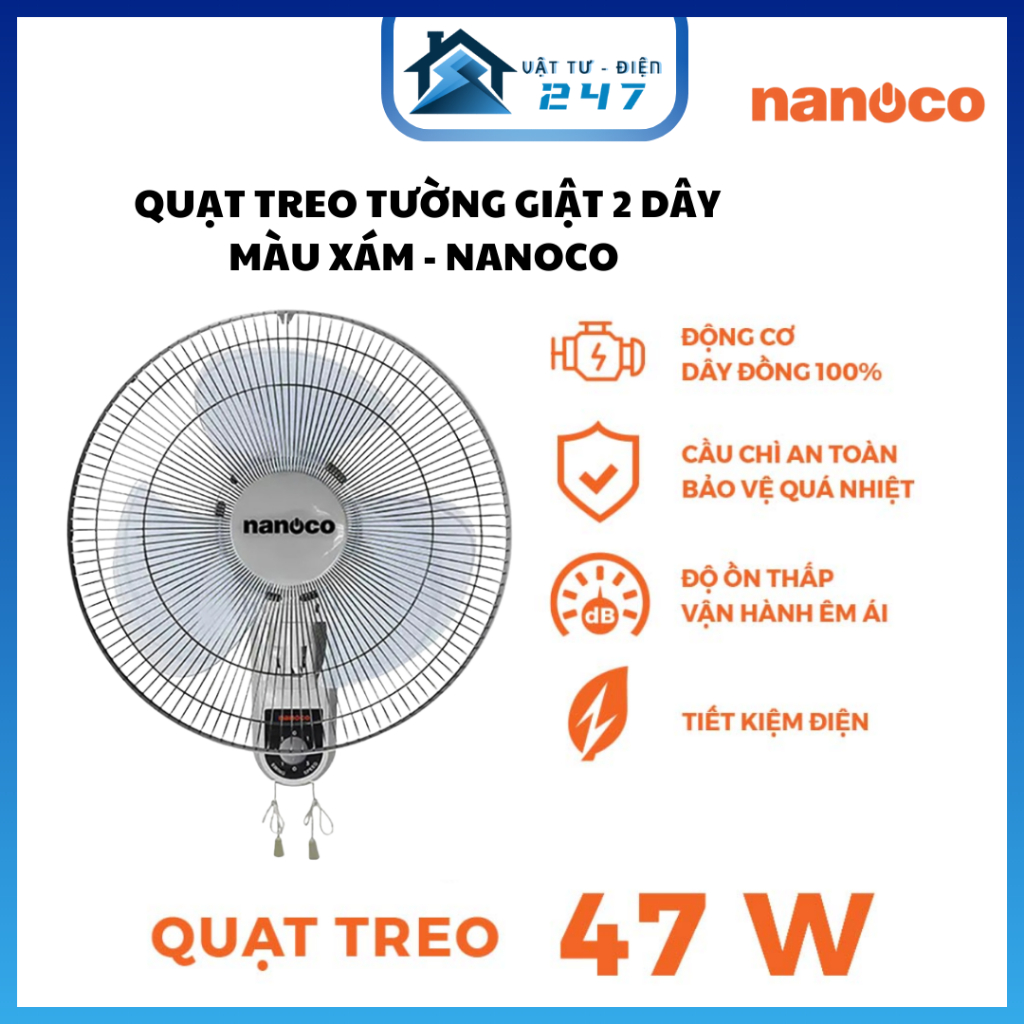 [HÀNG CHÍNH HÃNG] Quạt treo tường Nanoco giật 2 dây NWF1611, 3 màu Xanh/Xám/Beige, 3 cấp độ gió công