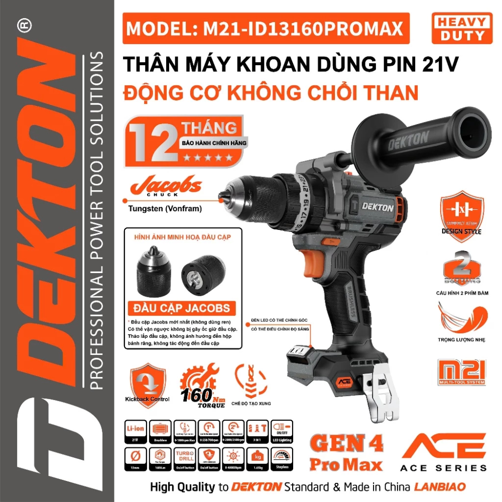 Máy Khoan 3 Chức Năng Dekton M21-ID13160PROMAX Brushless, Lực Siết 160Nm, Đầu Cặp Jacobs, Chân Phổ T