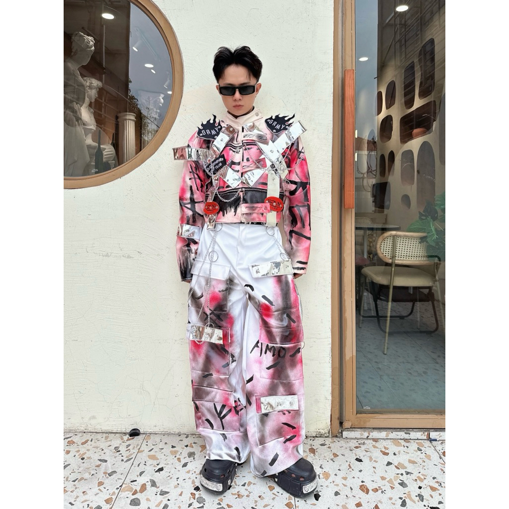 Áo khoác da croptop custom fire dây bạc + quần da ống rộng custom KELSHOP