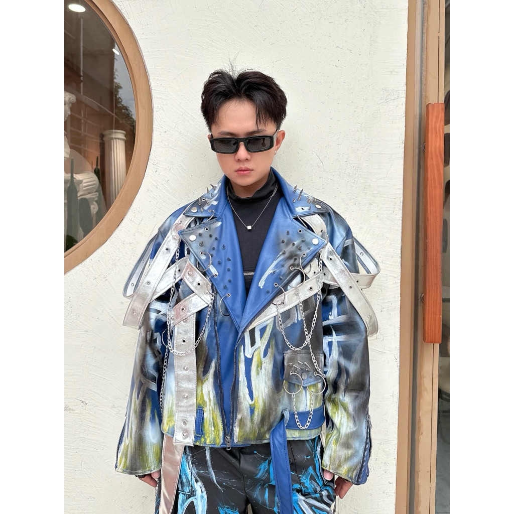 Áo khoác da xanh custom dây bạc chain + quần da ống rộng custom KELSHOP