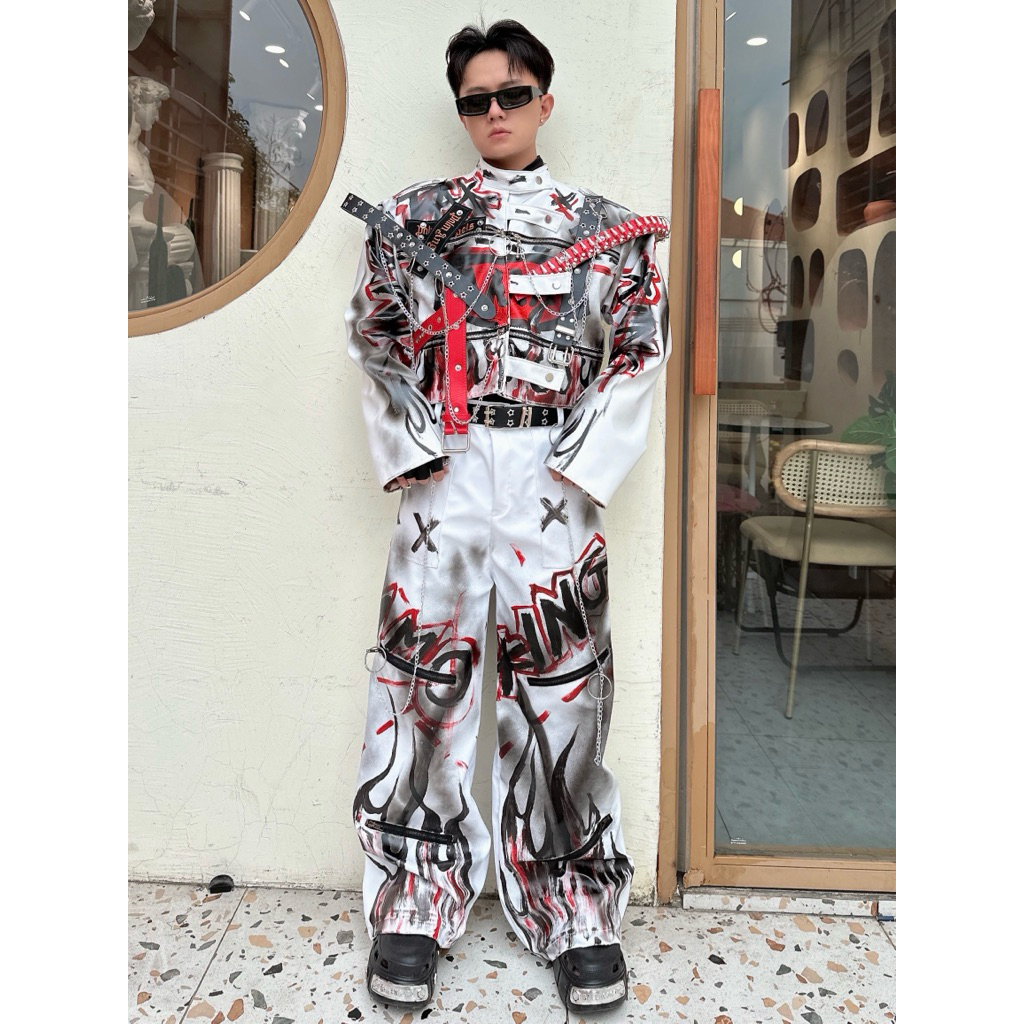 Áo khoác da trắng custom đạn chain + quần da trắng custom KELSHOP