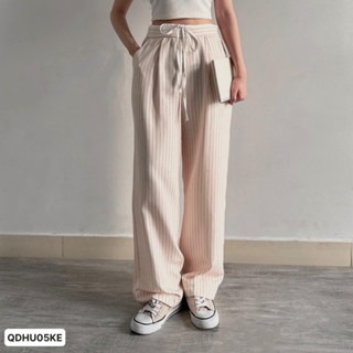 [ BẢN CAO CẤP] Quần Dài Kẻ Sọc Xếp Ly Phối Cạp Chun Trắng Ống Rộng Pammi HU05 - 9397shop TT
