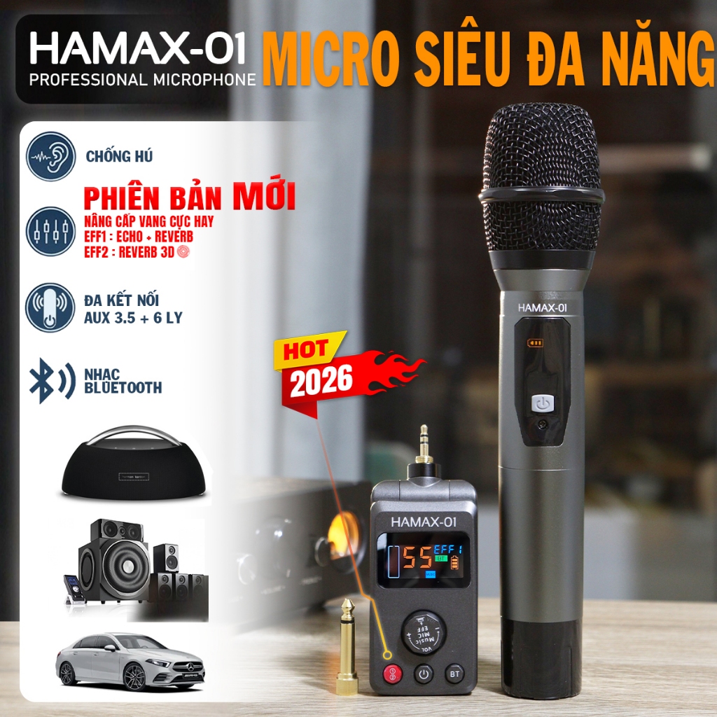 Micro Hamax 01 Đa Năng Không Dây – Micro Cao Cấp Kết Nối Mọi Loa Hãng Xe Hơi  Tích Hợp Bluetooth có 