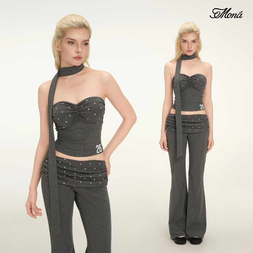 MONÁ - Set đồ nữ Áo croptop cúp ngực ôm dáng Quần ống loe phối chấm bi - ORCHID
