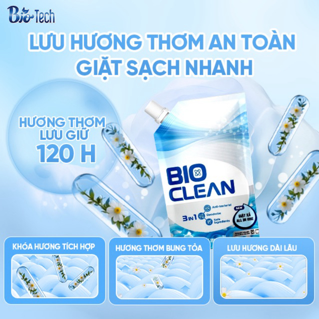 Nước Giặt Xả BIO-CLEAN Xanh Hương Sunny Sang Trọng Quyến Rũ, Sạch Sâu, Đánh Bay Vết Bẩn Túi 2 Lít