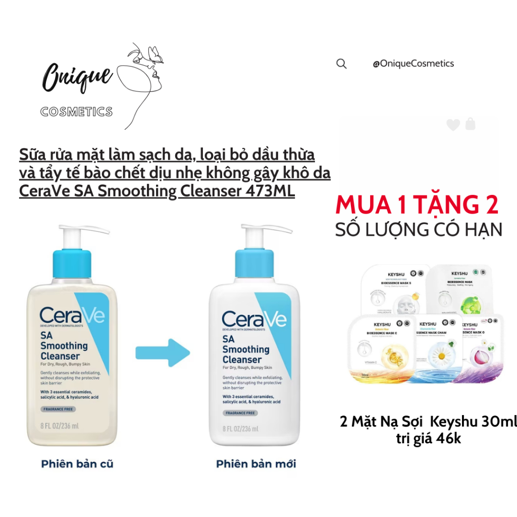 Sữa rửa mặt làm sạch da, loại bỏ dầu thừa và tẩy tế bào chết dịu nhẹ không gây khô da CeraVe SA Smoo