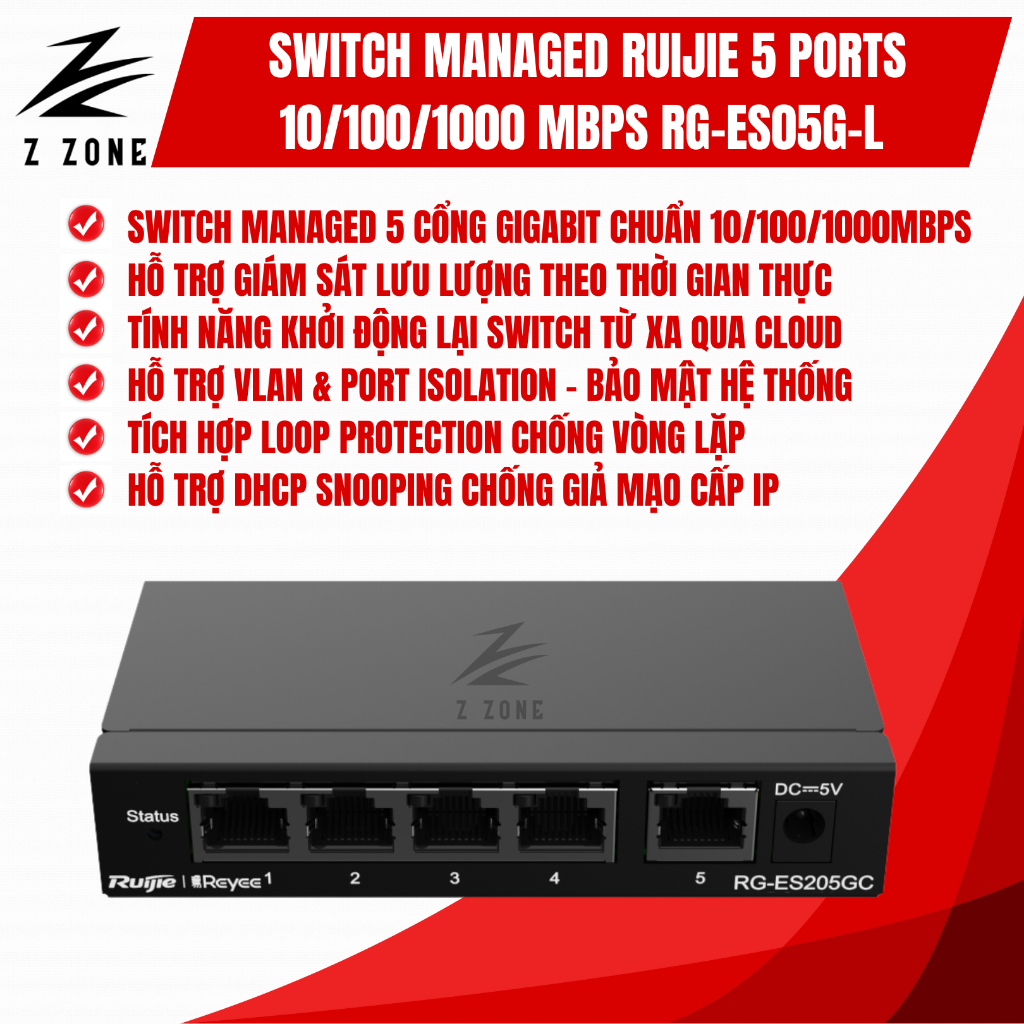 Switch Quản Lý Managed Ruijie 5 cổng RG-ES205GC Gigabit Tốc Độ Cao
